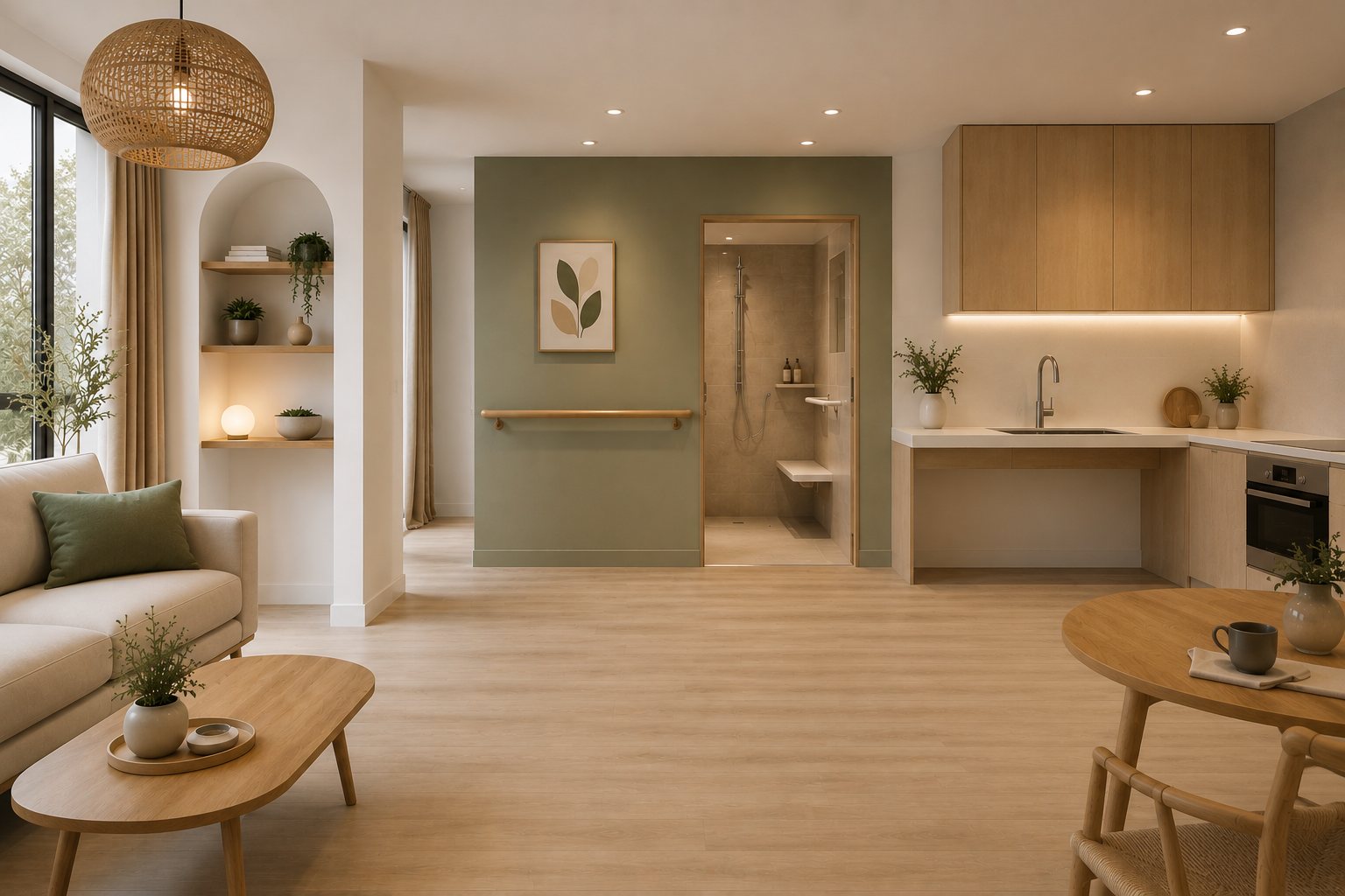 Intérieur lumineux et adapté conçu par Archi Atipik, architecte d'intérieur PMR et seniors
