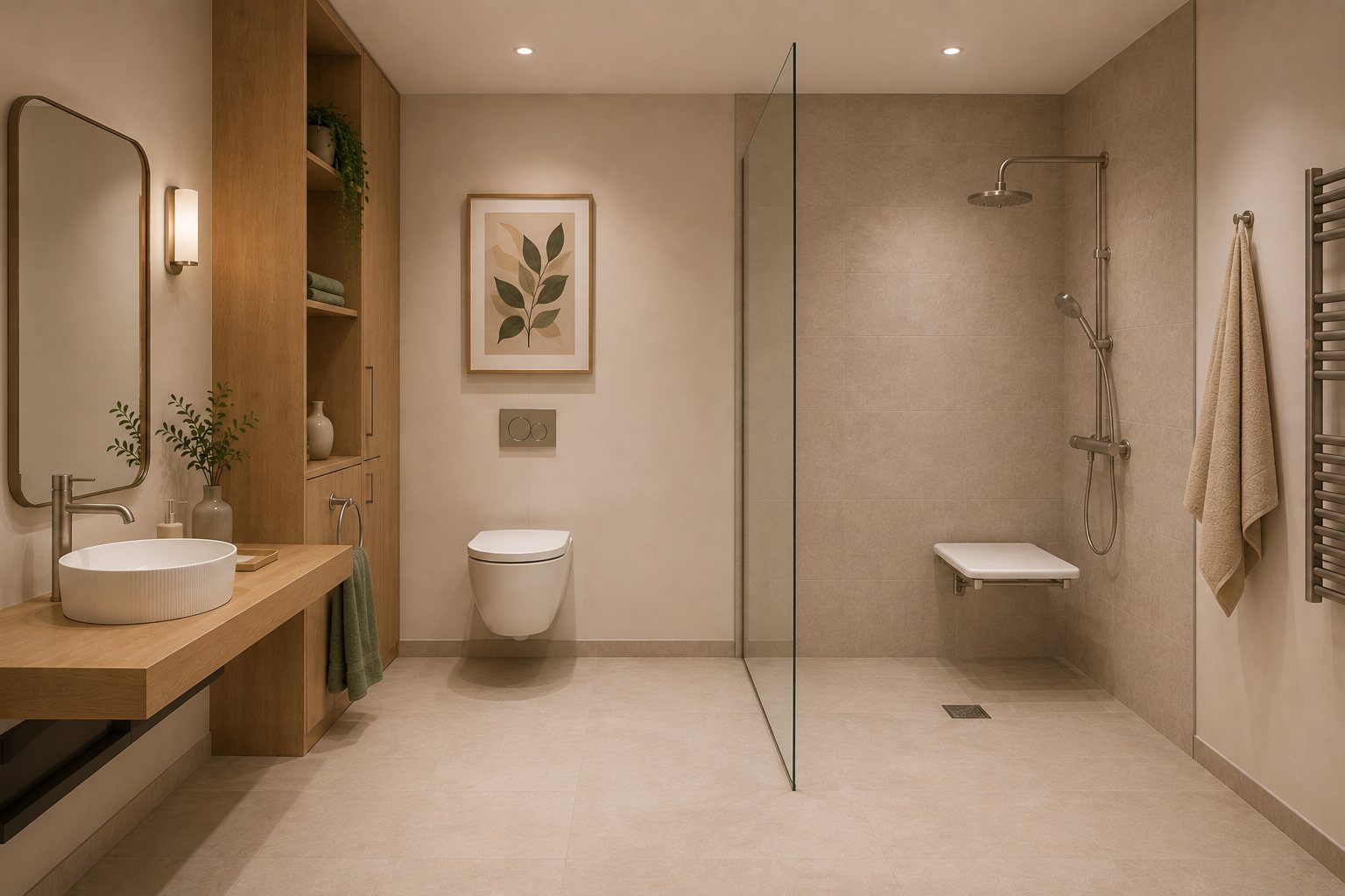 Salle de bain adaptée PMR avec douche de plain-pied et assise, aménagée pour le maintien à domicile